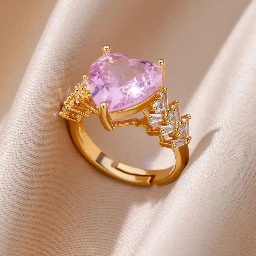 Luxury Gold-Plated Heart Ring with Colorful Zircon Stones – Adjustable Stainless Steel Cocktail Ring for Women