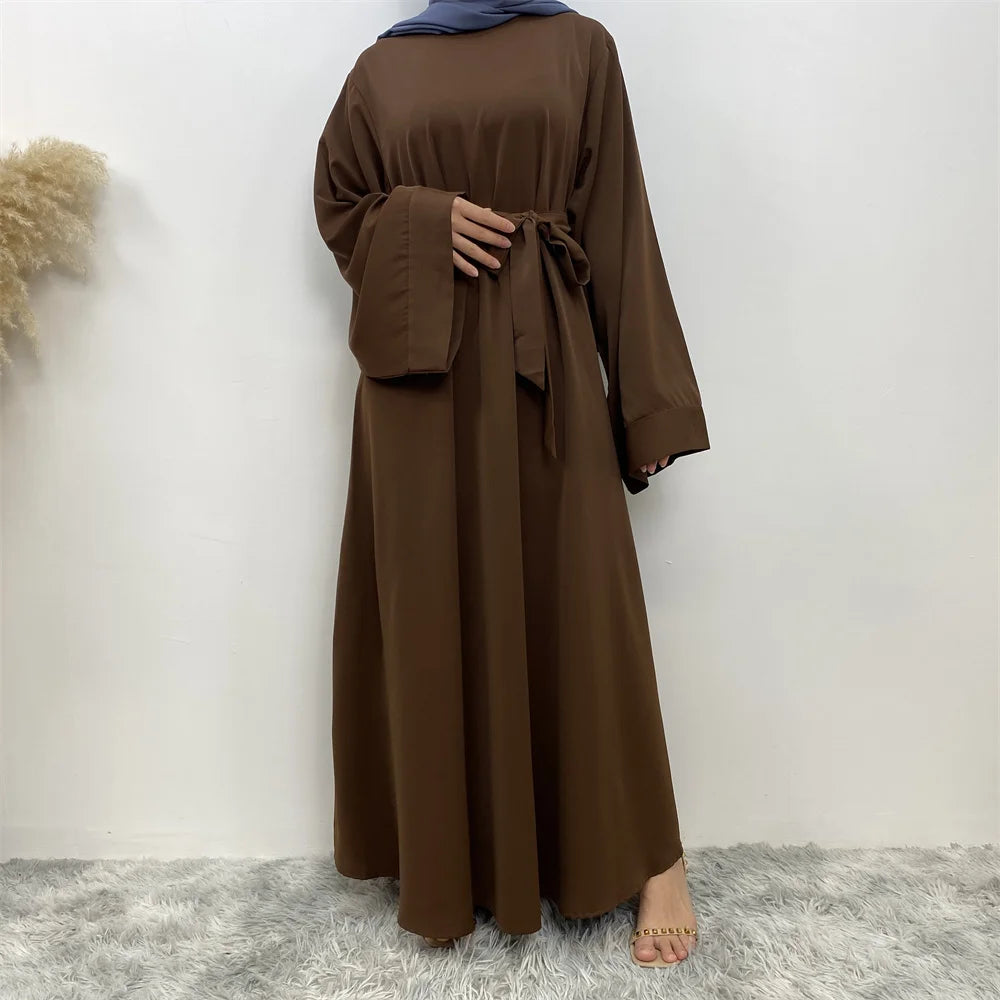 Elegant Modest Maxi Dress with Waist Tie – Long Sleeve Woven Abaya Style Dress for Women (All Season)