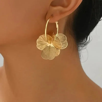 Golden Double-Layer Hollow Flower Hoop Earrings – Vintage Ethnic Drop Design for Women