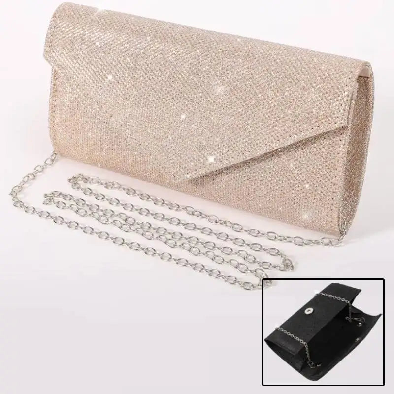 Elariah Shimmer Envelope Clutch Bag – Silver Glitter Evening Handbag with Chain Strap for Weddings & Party Wear