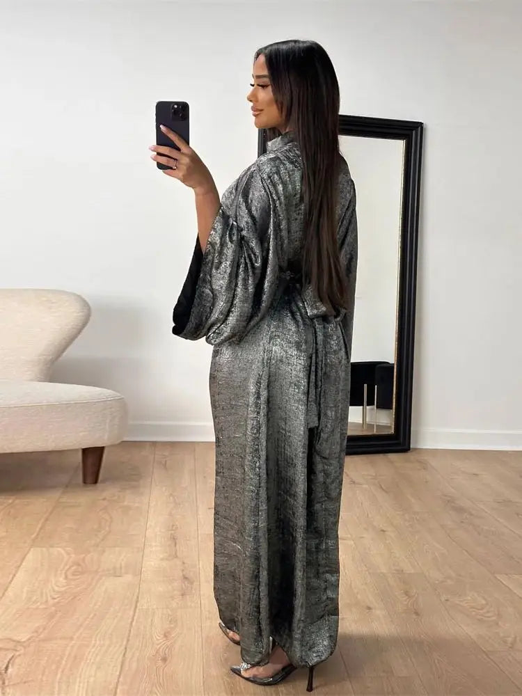 Elariah Luxury Satin Abaya Dress for Women – Modest Islamic Kaftan with Waist Sash, Long Sleeve Maxi Dress
