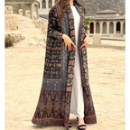 Elariah Retro Printed Pleated Abaya Coat – Belted Chiffon Maxi Modest Windbreaker Jacket for Women (One Size)