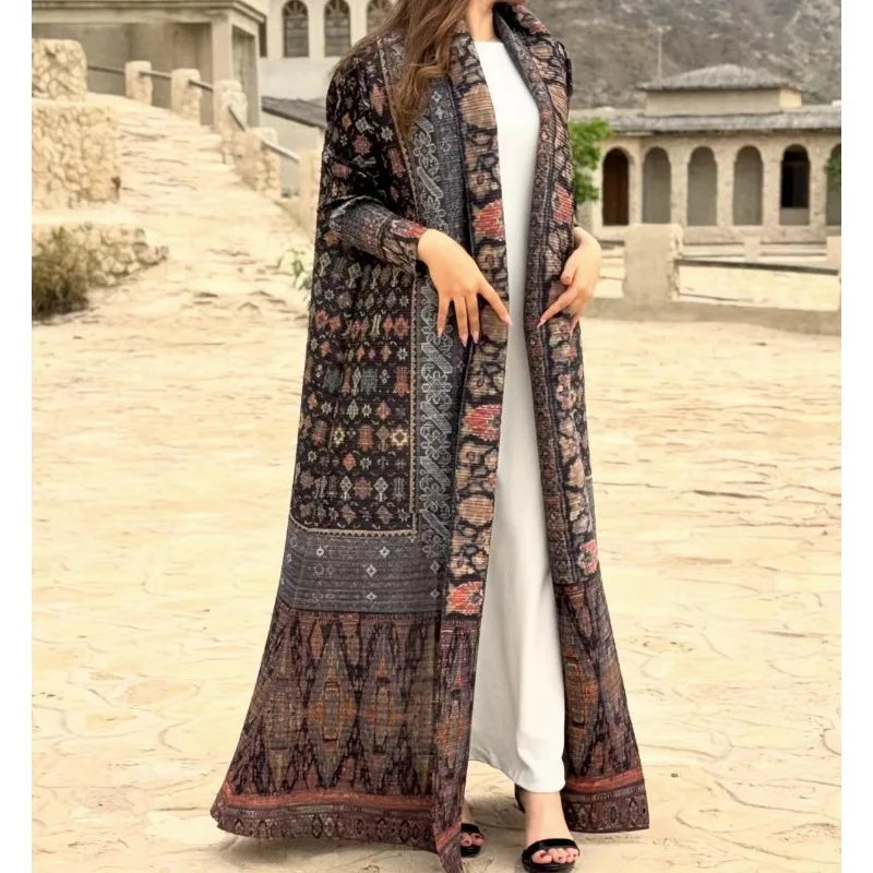 Elariah Retro Printed Pleated Abaya Coat – Belted Chiffon Maxi Modest Windbreaker Jacket for Women (One Size)
