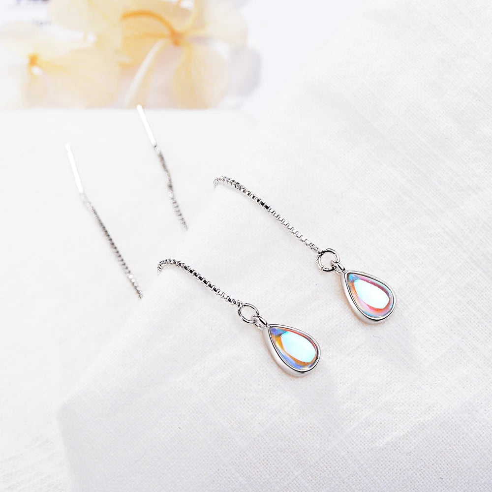 Elegantes pendientes de piedra lunar en forma de lágrima: cadena larga para mujer.
