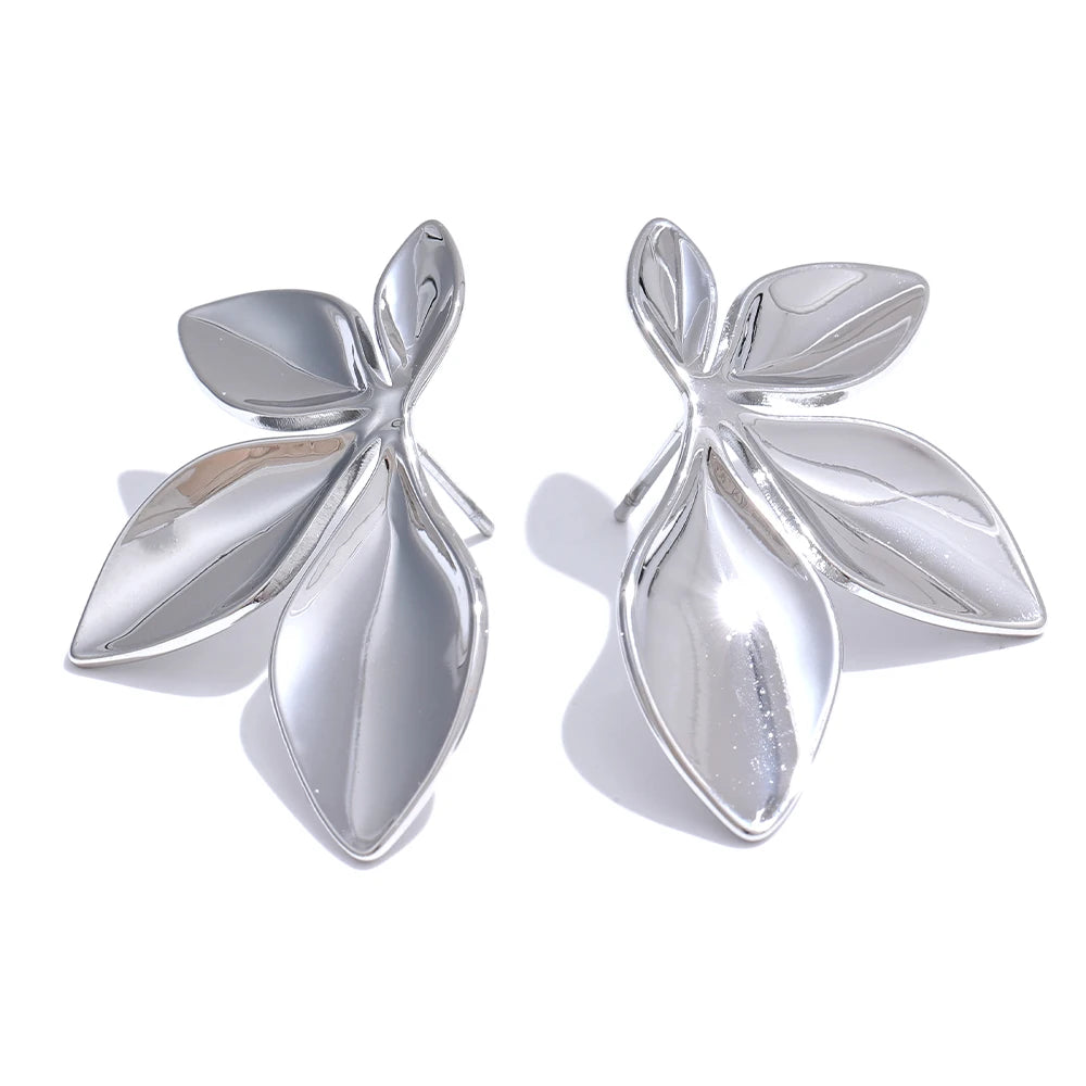 Gold Plated Stainless Steel Leaf Flower Stud Earrings – Waterproof & Hypoallergenic Jewelry for Women