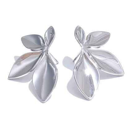 Gold Plated Stainless Steel Leaf Flower Stud Earrings – Waterproof & Hypoallergenic Jewelry for Women