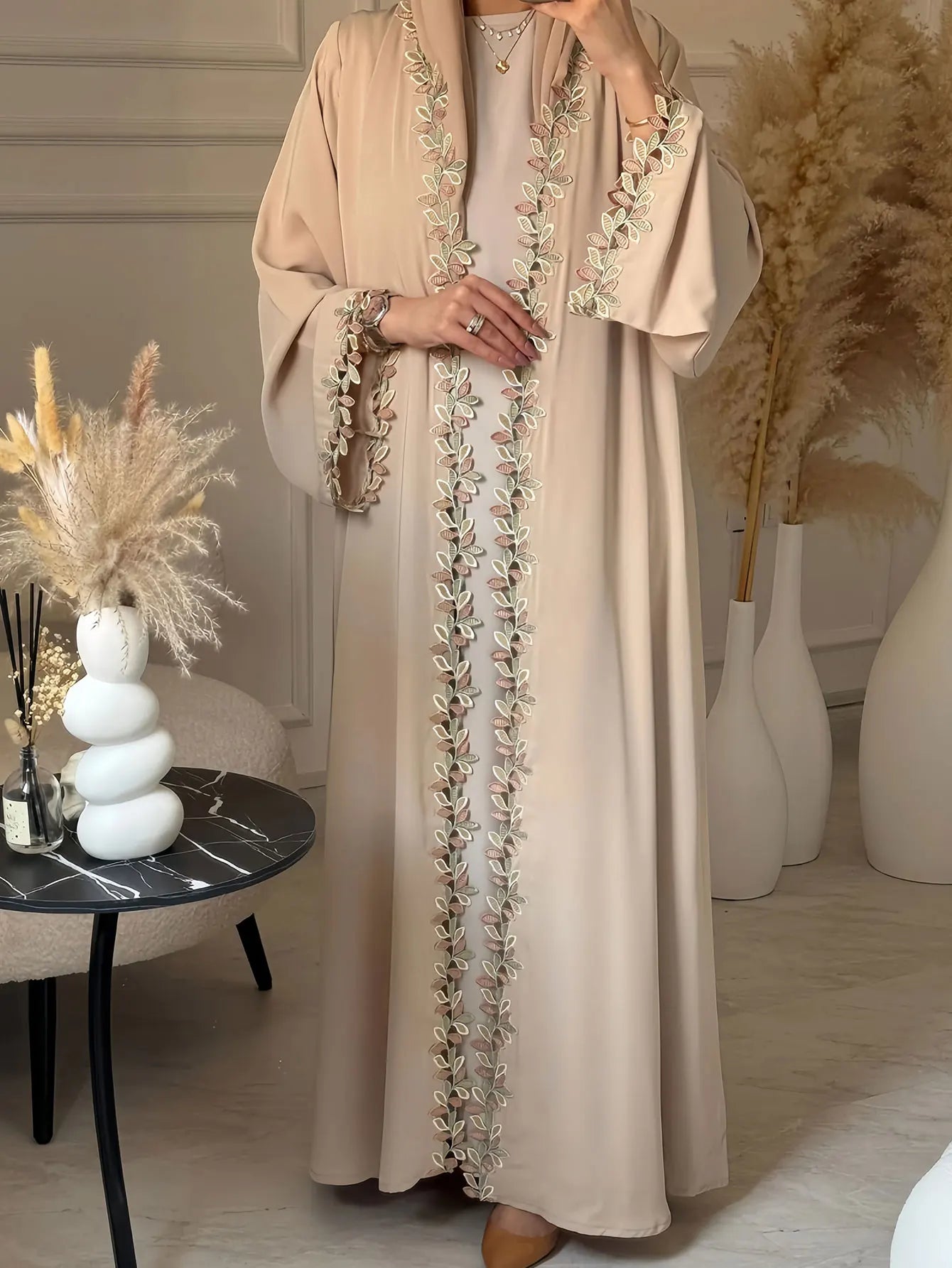Elegant Beige Embroidered Abaya for Women – Dubai Style Modest Open Front Maxi Dress with Multicolour Detailing (All-Season)