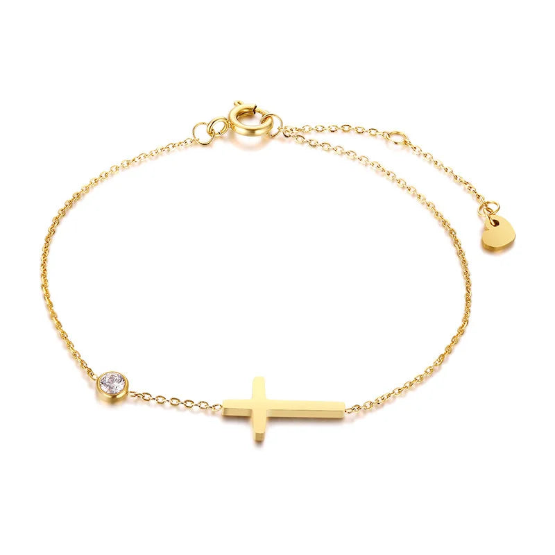 Bracelet minimaliste à breloques croix, croissant de lune et étoile pour femme – Bracelet fin en acier inoxydable à maillons dorés ajustables
