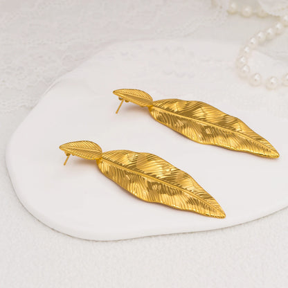 Elegant Leaf Drop Earrings for Women – 18K Gold Plated Stainless Steel, Hypoallergenic