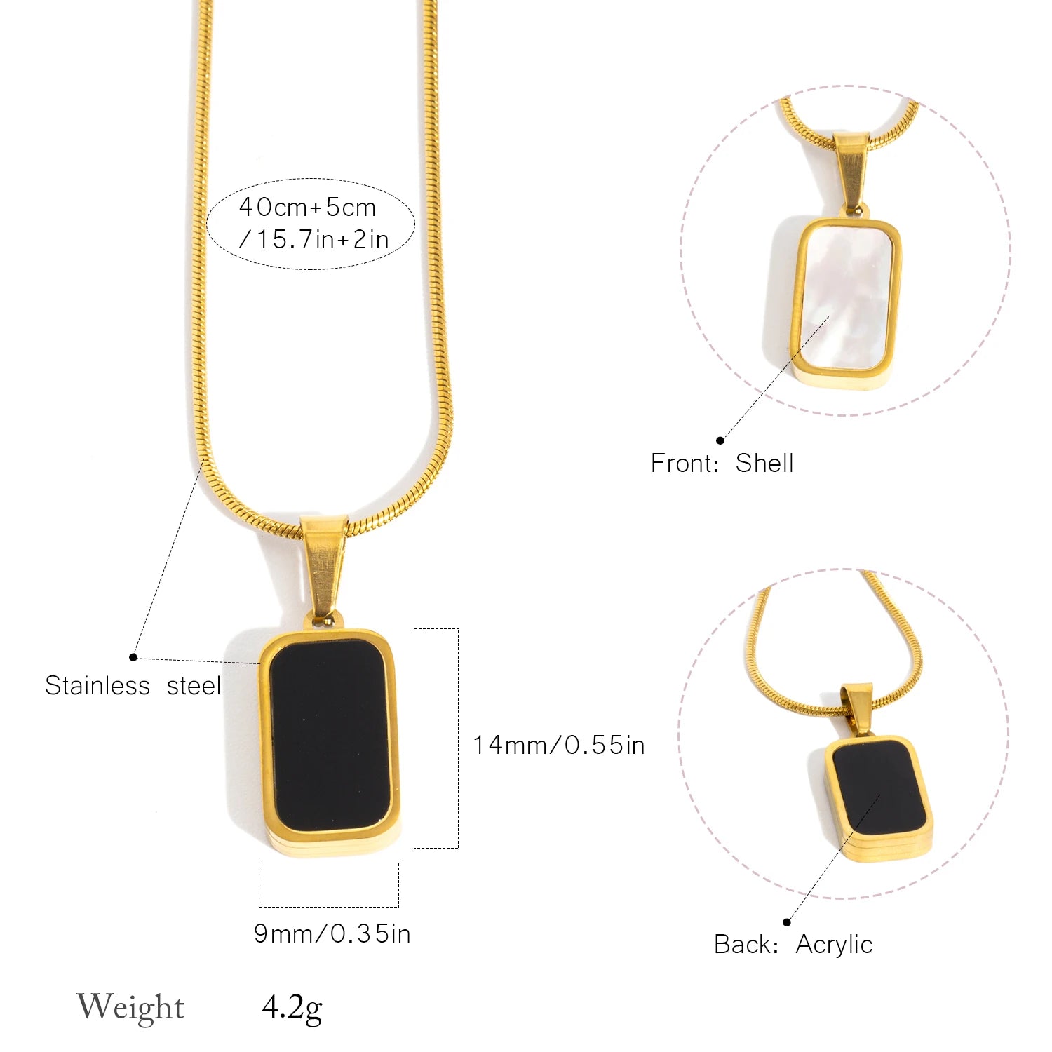 Collier pendentif carré double face – Acier inoxydable plaqué or 18 carats, bijou hypoallergénique pour femme