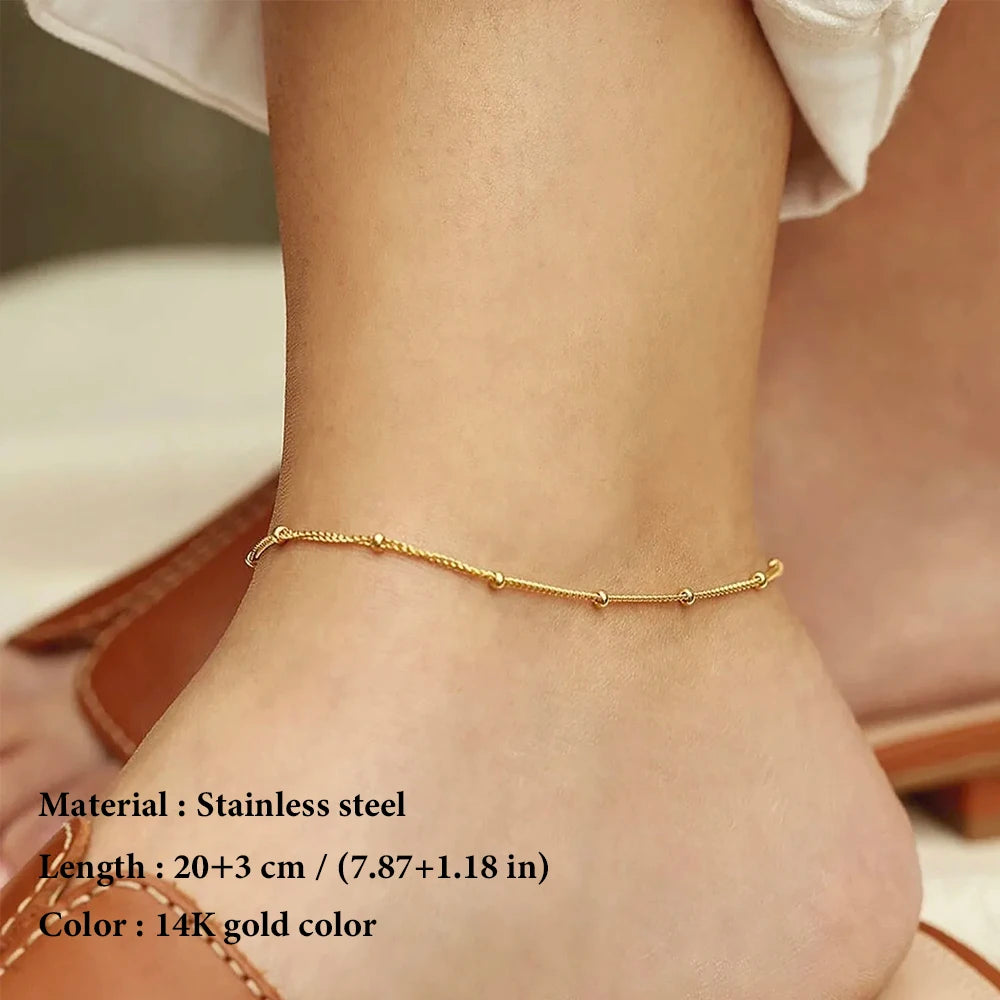 Bracelet de cheville minimaliste en perles d'acier inoxydable pour femme – Chaîne ajustable dorée, argentée et or rose