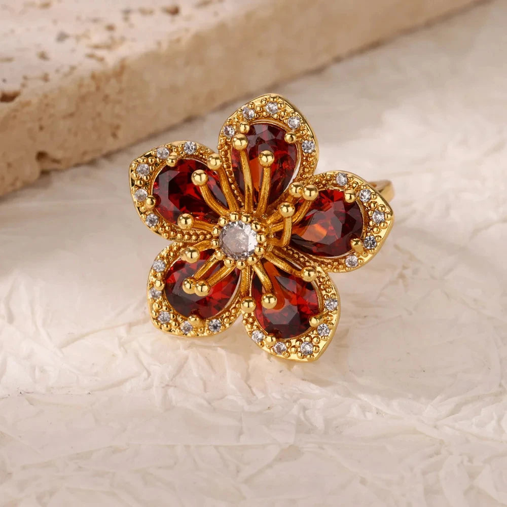Luxury Gold-Plated Heart Ring with Colorful Zircon Stones – Adjustable Stainless Steel Cocktail Ring for Women