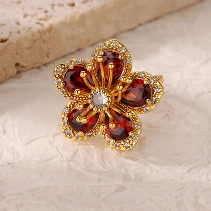Luxury Gold-Plated Heart Ring with Colorful Zircon Stones – Adjustable Stainless Steel Cocktail Ring for Women