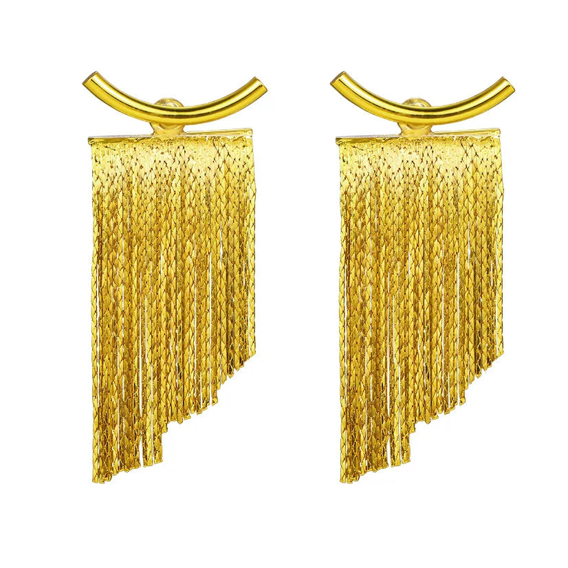Pendientes llamativos con borlas doradas y brillantes: elegante diseño largo para mujer
