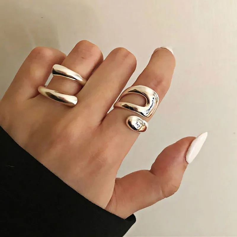 Ensemble de 3 bagues ouvertes géométriques plaquées or – Bagues tendance, épaisses et irrégulières pour femmes