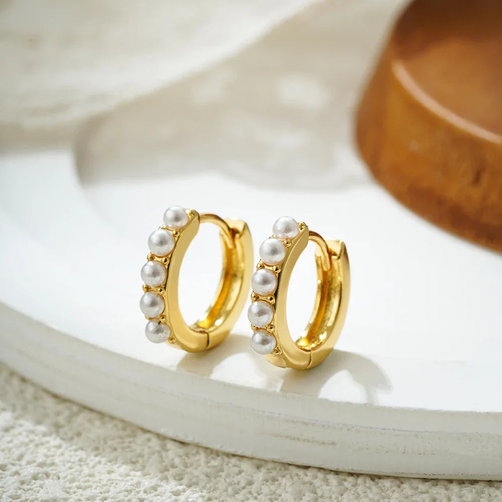 2-Pair Set Vintage Pearl Dangle Hoop Earrings – 18K Gold Plated Stainless Steel Hoops for Women