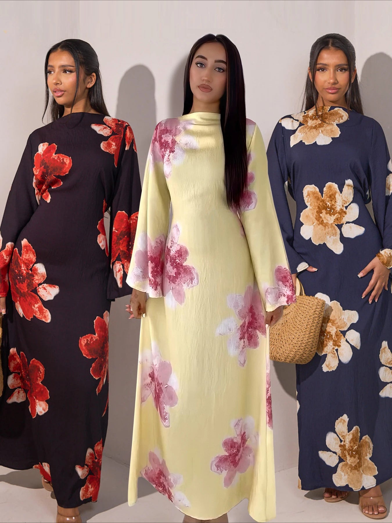 Elariah Floral Print Modest Kaftan Abaya Dress – Long Sleeve Maxi Jalabiya for Eid, Ramadan & Special Occasions