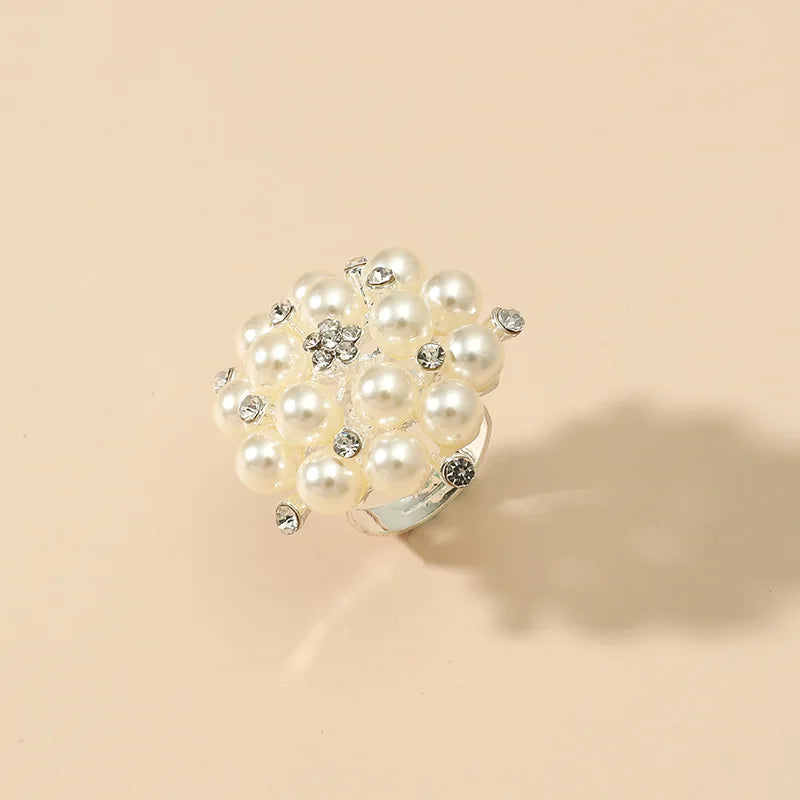 Bague géométrique vintage à double couche en perles blanches – Bague imposante pour femme