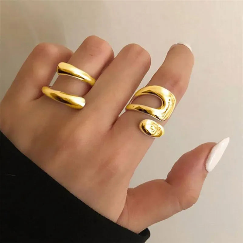 Ensemble de 3 bagues ouvertes géométriques plaquées or – Bagues tendance, épaisses et irrégulières pour femmes