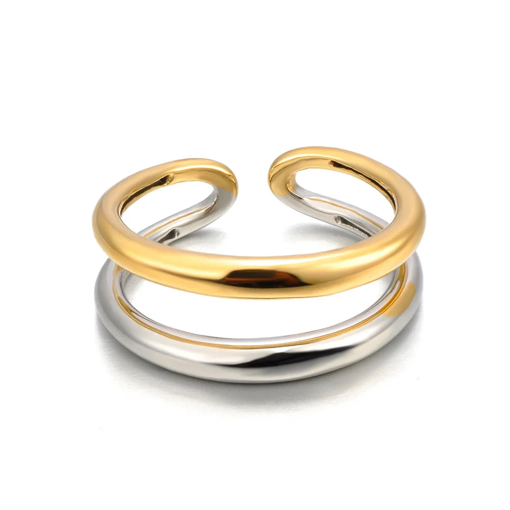 Bague JeeMango en acier inoxydable à double cercle pour femme – Plaqué or 18 carats, étanche, bijou tendance