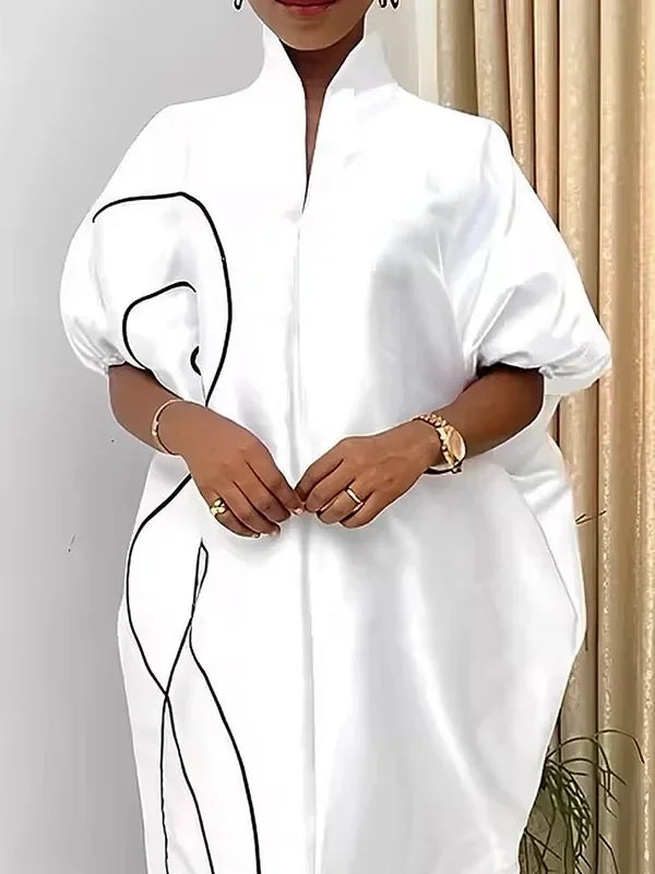 Plus Size White Printed Abaya Dress – Oversized Modest Maxi Dress with Puff Sleeves, Elegant Spring Summer Islamic Wear