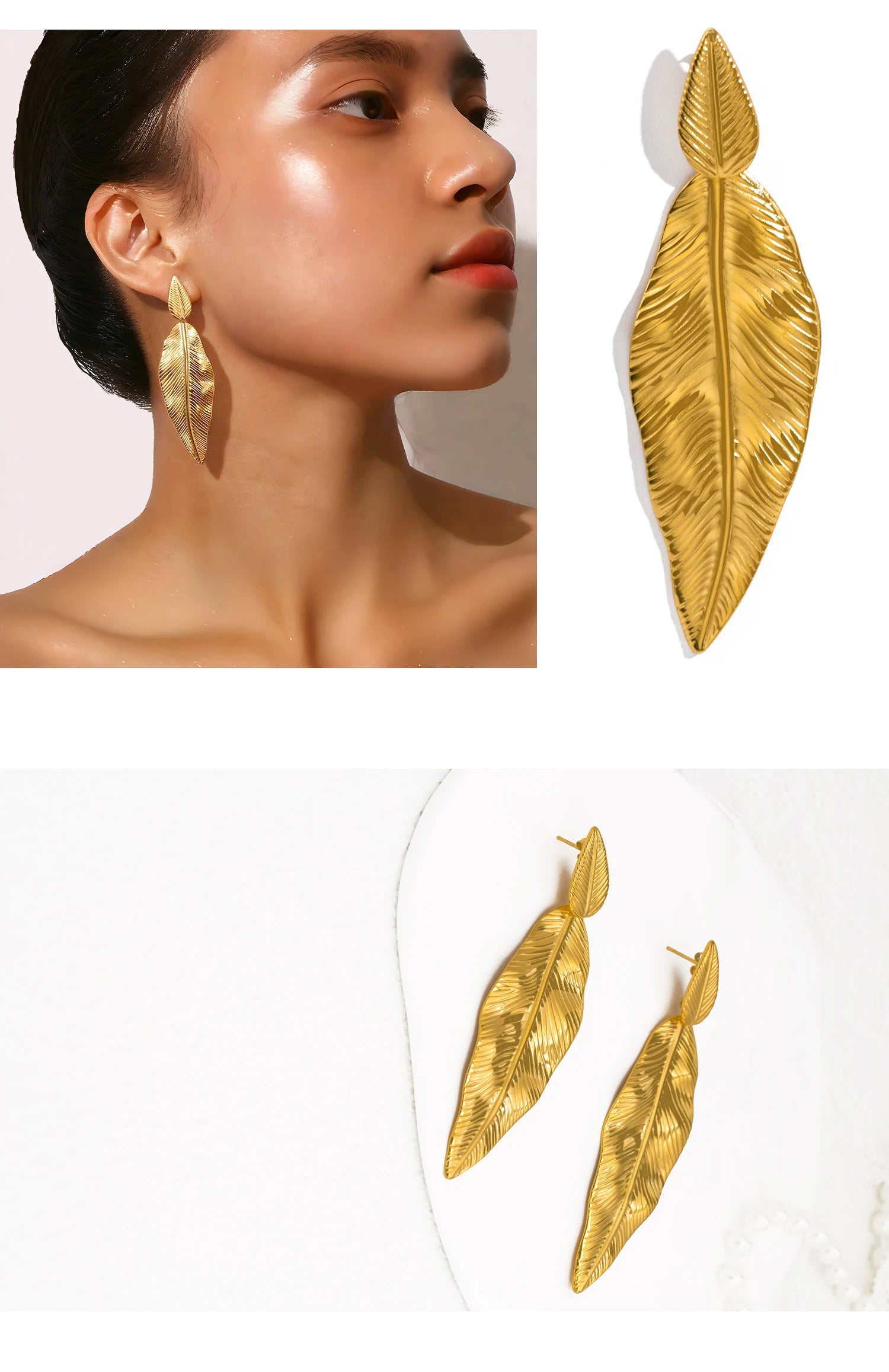 Boucles d'oreilles pendantes élégantes en forme de feuille pour femme – Acier inoxydable plaqué or 18 carats, hypoallergénique