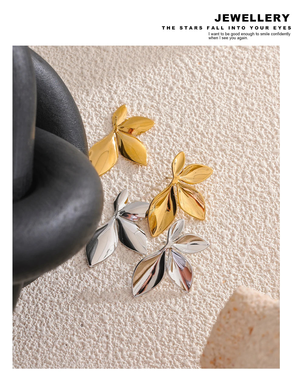 Gold Plated Stainless Steel Leaf Flower Stud Earrings – Waterproof & Hypoallergenic Jewelry for Women