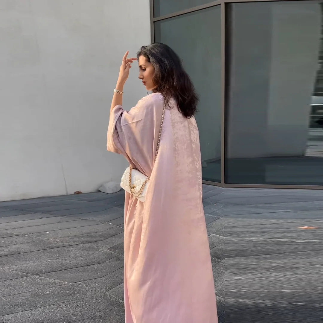 Luxury Satin Batwing Abaya Kimono – Shiny Open Front Maxi Kaftan for Ramadan, Eid & Evening Wear