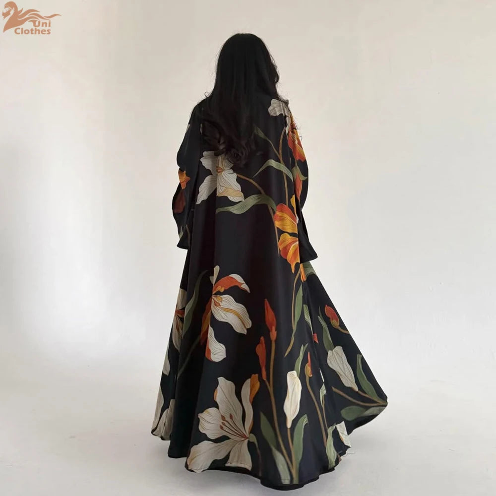 Abaya Elariah Femme Ouverte à Imprimé Floral avec Voile Assorti – Cardigan Maxi Modeste Kaftan, Polyester Noir