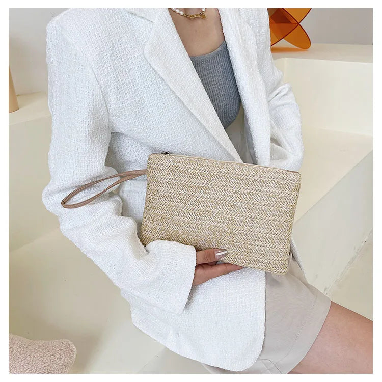 Elariah Woven Straw Wristlet Clutch Bag – Bohemian Summer Beach Handbag with Zipper (White, Khaki, Beige)
