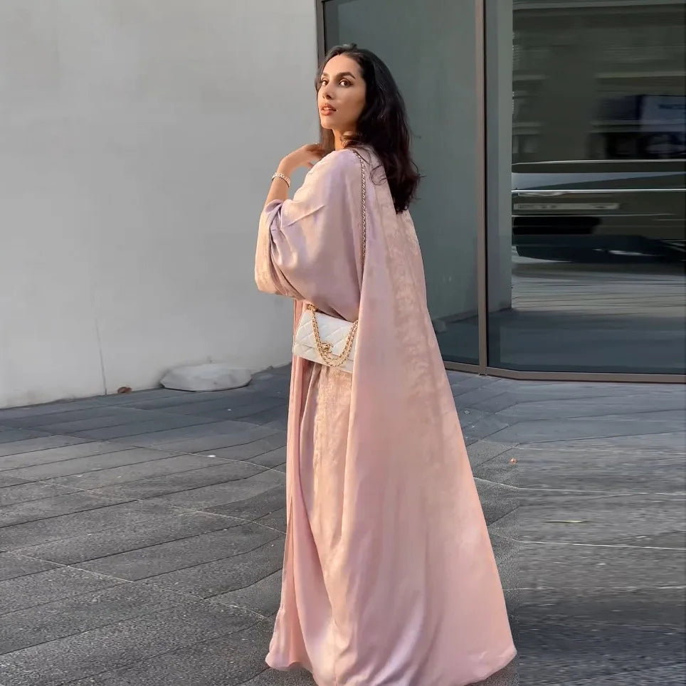 Luxury Satin Batwing Abaya Kimono – Shiny Open Front Maxi Kaftan for Ramadan, Eid & Evening Wear