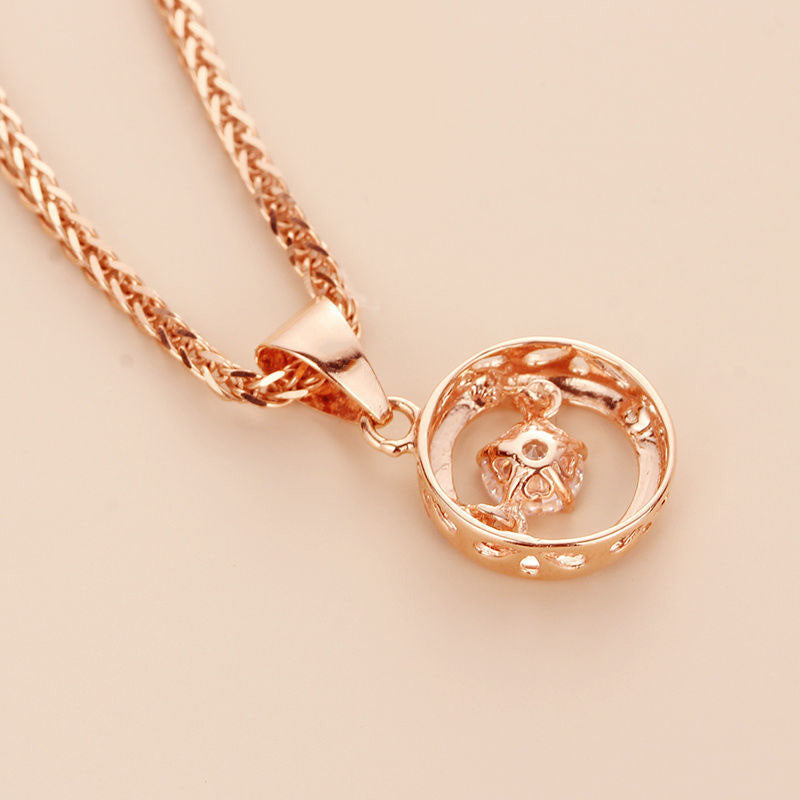 Collier avec pendentif rond en cristal et or rose 14 carats – Chaîne de clavicule classique en zircon pour femme
