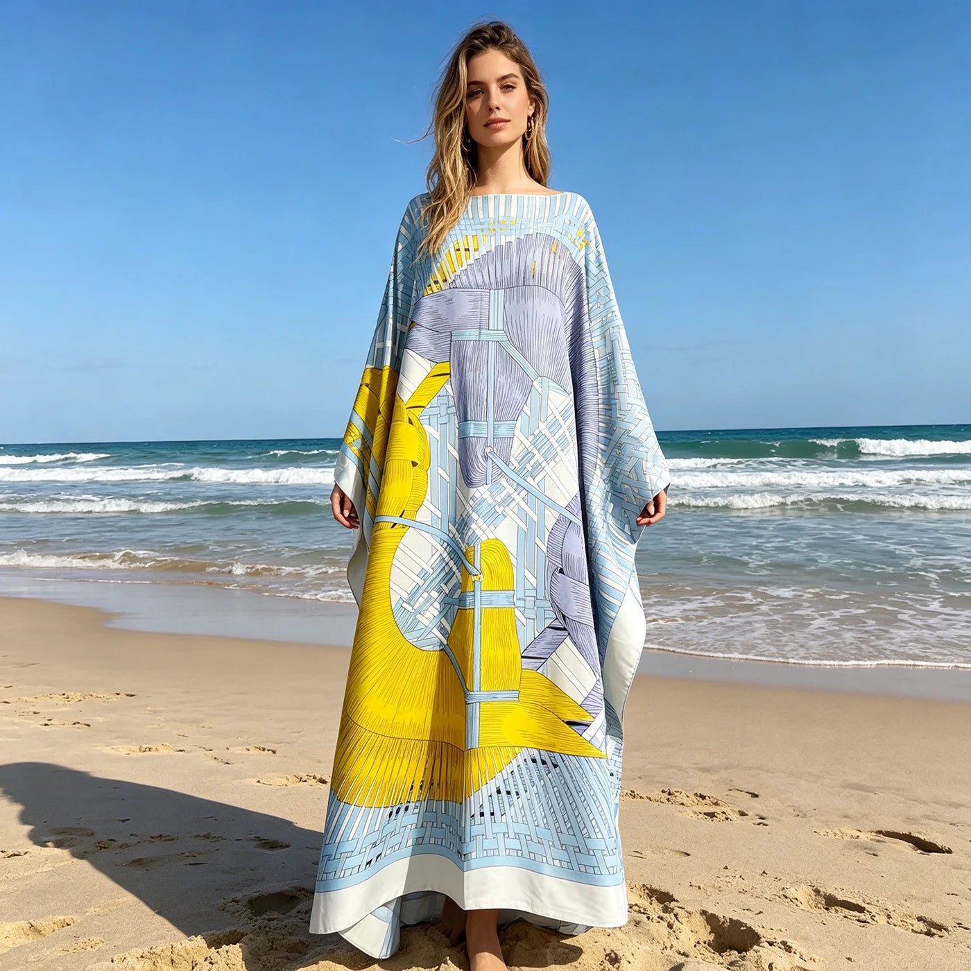 Elariah Women's African Print Twill Silk Kaftan Dress – Oversized Boubou Abaya Beach Cover Up | One Size Plus