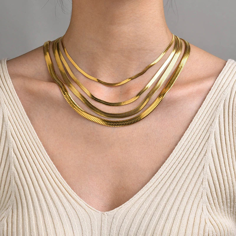 Collier ras du cou classique à chaîne serpent plate – Motif chevrons en acier inoxydable, or et argent