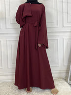 Elegant Modest Maxi Dress with Waist Tie – Long Sleeve Woven Abaya Style Dress for Women (All Season)