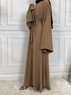 Elegant Modest Maxi Dress with Waist Tie – Long Sleeve Woven Abaya Style Dress for Women (All Season)