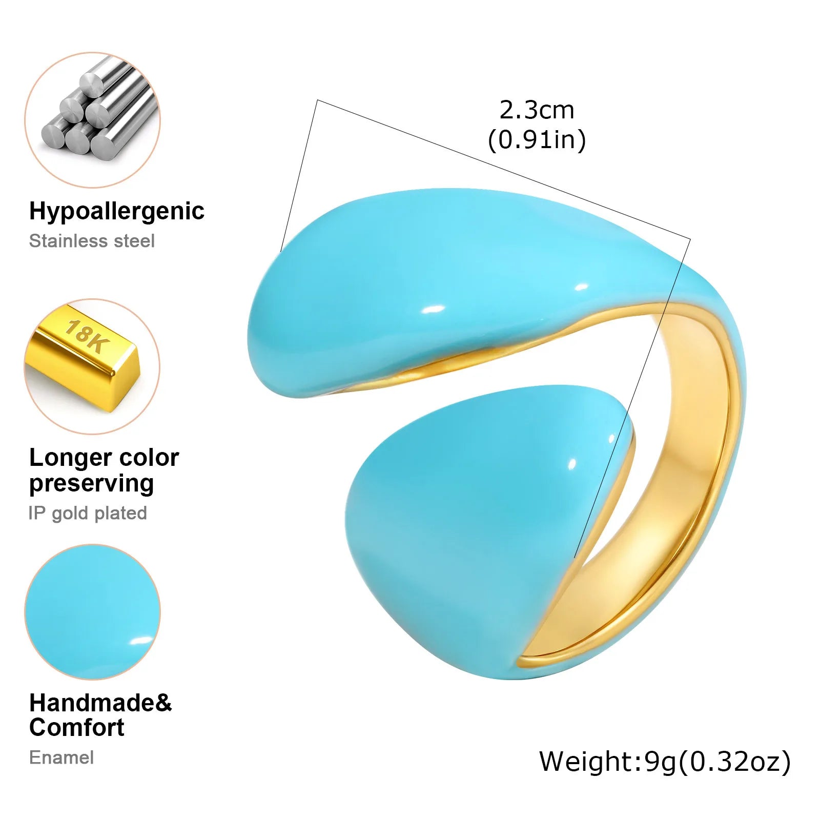 Bague torsadée épaisse en émail pour femme – Bague croisée ouverte en acier inoxydable plaqué or, anneau empilable étanche (bleu/vert/rose)