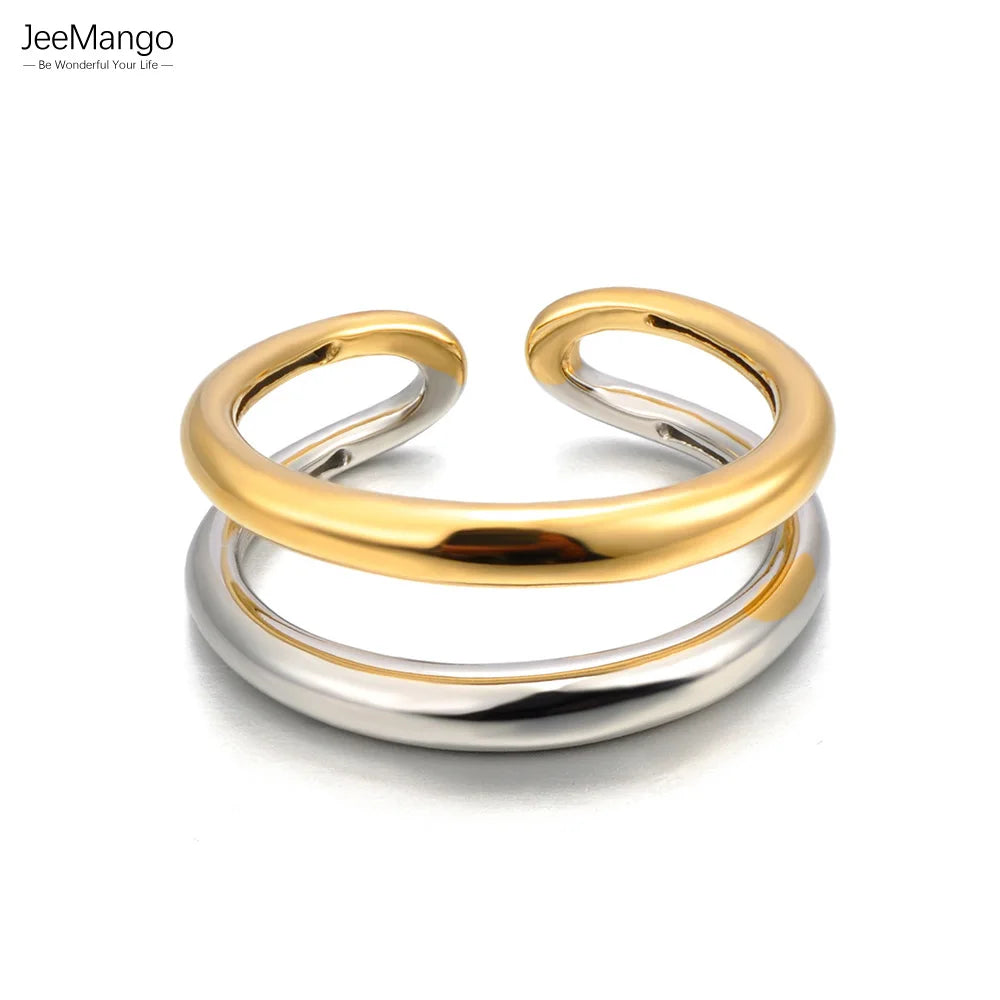 Bague JeeMango en acier inoxydable à double cercle pour femme – Plaqué or 18 carats, étanche, bijou tendance