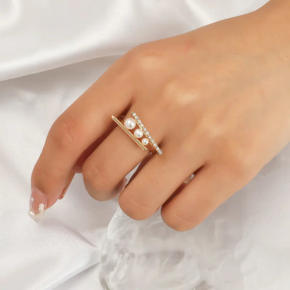 Vintage White Pearl Double-Layer Geometric Ring – Chunky Statement Ring for Women