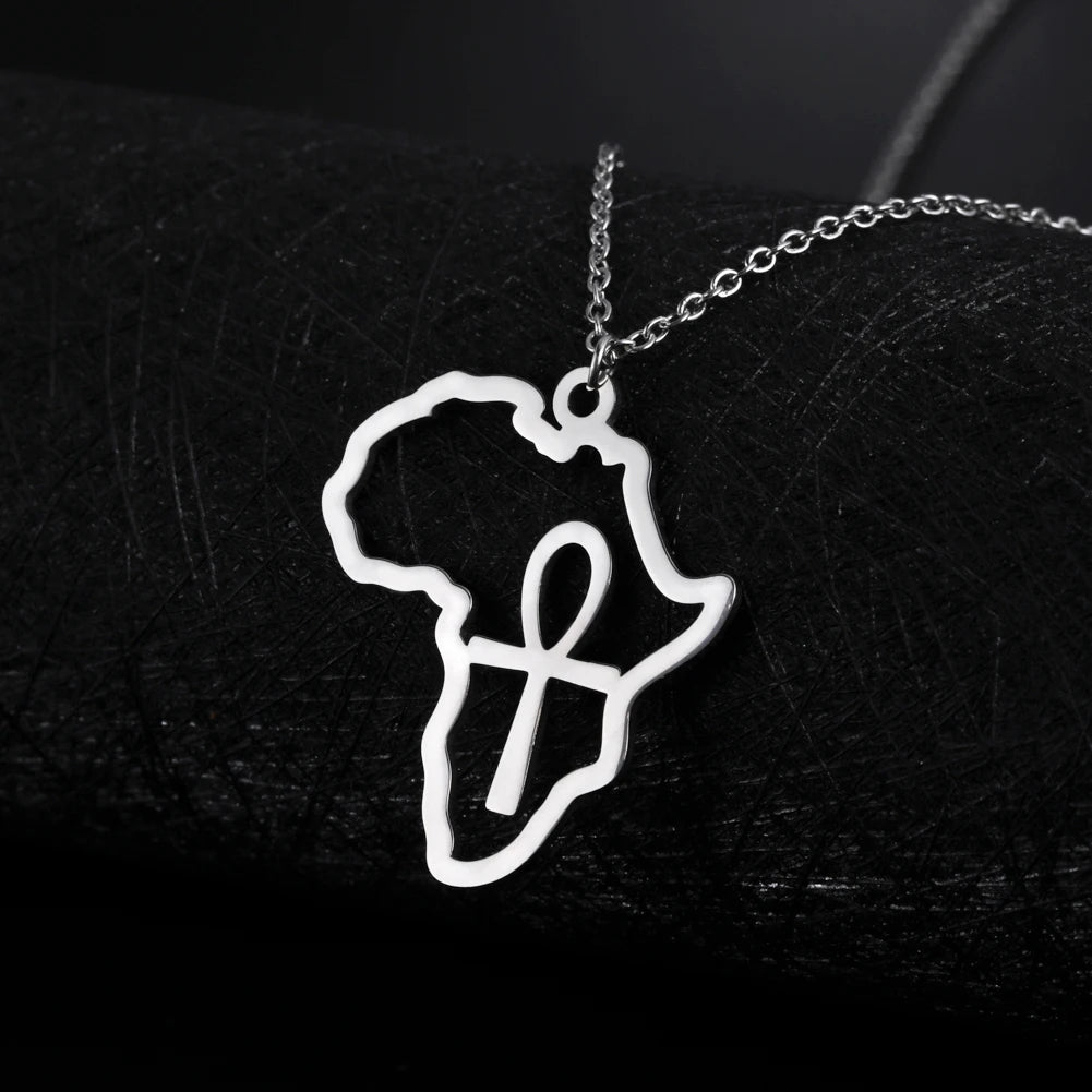 Collar con colgante de mapa africano de moda para mujer – Collar geométrico de acero inoxidable con la bandera de África, color oro, oro rosa o acero