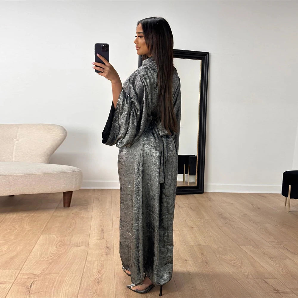 Elariah Luxury Satin Abaya Dress for Women – Modest Islamic Kaftan with Waist Sash, Long Sleeve Maxi Dress