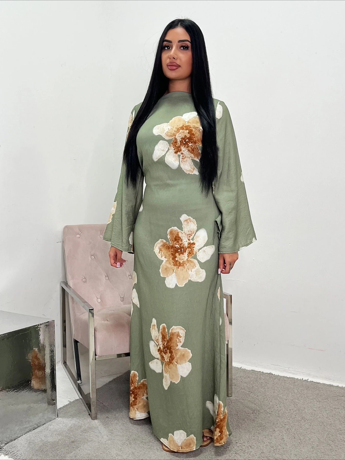 Elariah Floral Print Modest Kaftan Abaya Dress – Long Sleeve Maxi Jalabiya for Eid, Ramadan & Special Occasions