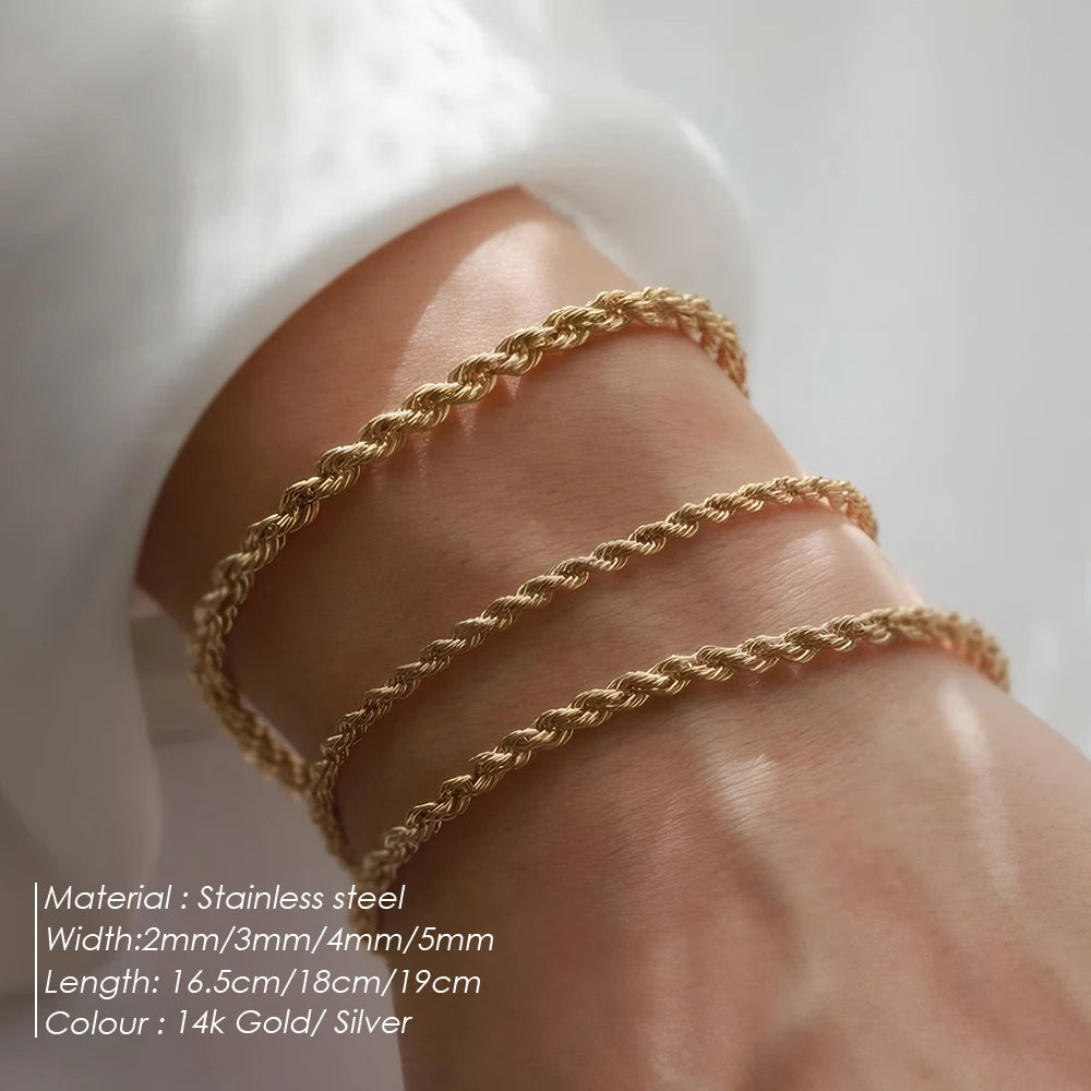 Bracelet à chaîne torsadée pour femme – Bracelet minimaliste en acier inoxydable doré ou argenté (2 mm / 3 mm / 4 mm / 5 mm)