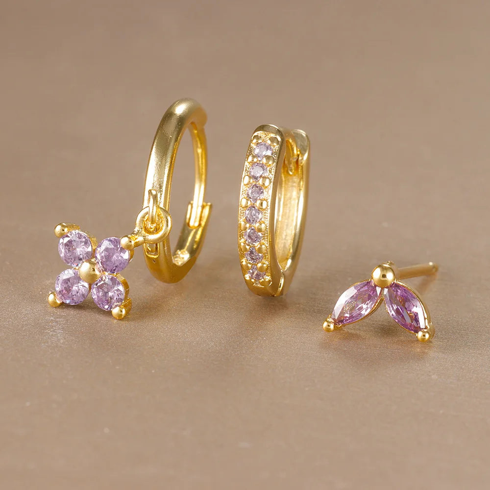 Ensemble de 3 boucles d'oreilles pendantes en acier inoxydable avec zircon cubique – Boucles d'oreilles florales hypoallergéniques pour femmes