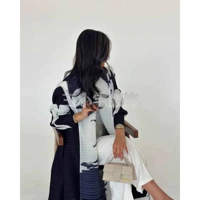 Elariah Retro Printed Pleated Abaya Coat – Belted Chiffon Maxi Modest Windbreaker Jacket for Women (One Size)