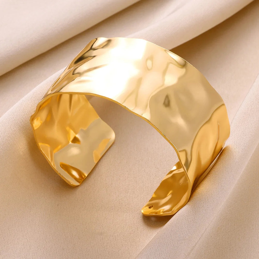 Bracelet manchette vintage irrégulier en or – Jonc ouvert en acier inoxydable pour femmes et hommes