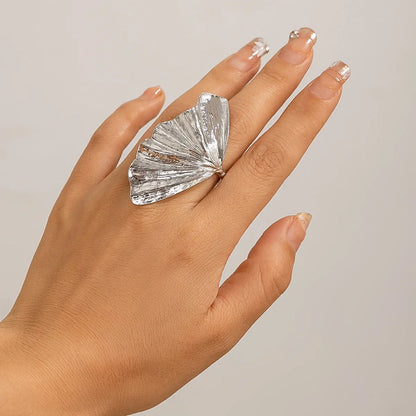 14K Gold Plated Ginkgo Leaf Ring for Women – Adjustable Statement Cocktail Ring | Nature-Inspired Fan Design
