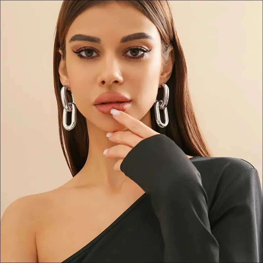 Boucles d'oreilles créoles rétro à double boucle – Motif géométrique en or et argent