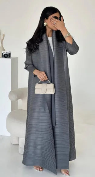Elariah Retro Printed Pleated Abaya Coat – Belted Chiffon Maxi Modest Windbreaker Jacket for Women (One Size)