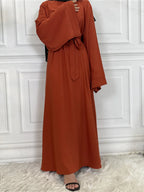 Elegant Modest Maxi Dress with Waist Tie – Long Sleeve Woven Abaya Style Dress for Women (All Season)